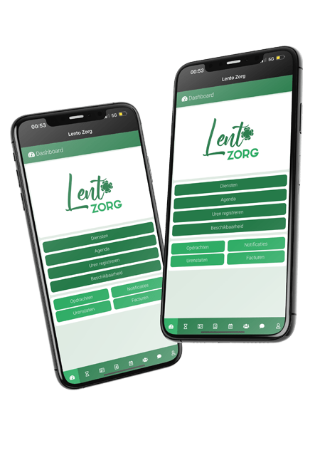 De Lento Zorg app uitgelicht als illustratie op twee mobiele telefoons.