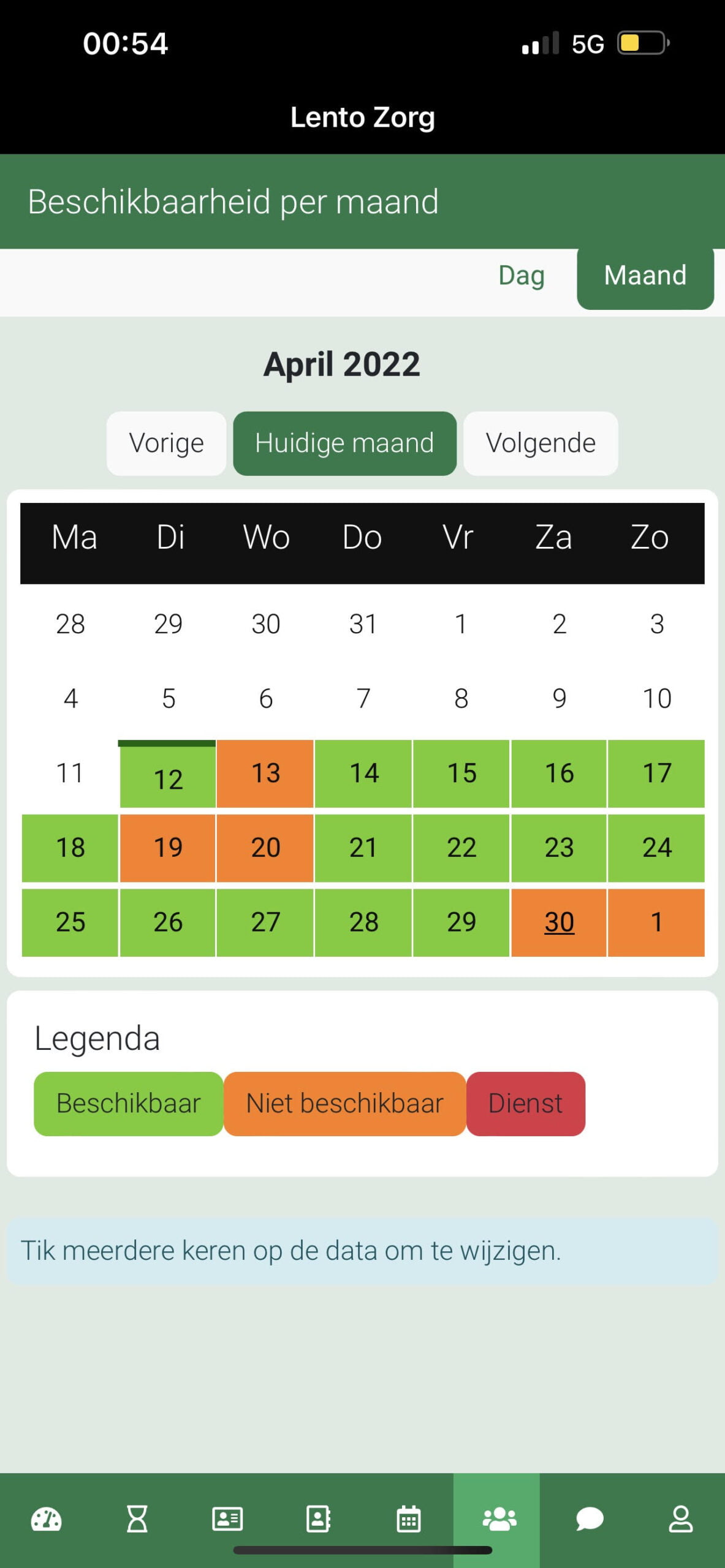 De beschikbaarheidskalender in de Lento Zorg app