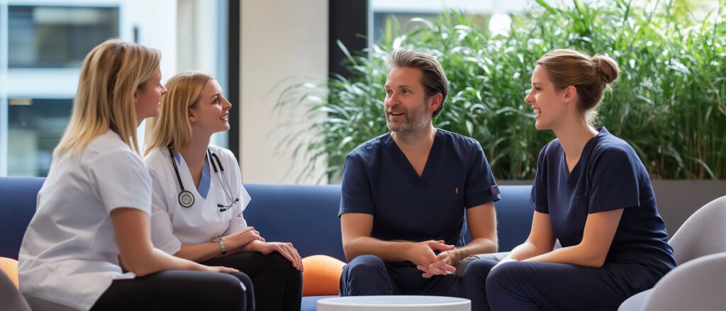 Een groep zorgprofessionals zit op een bank in een zorginstelling. Geen tijdsdruk meer door oplossing personeelstekorten